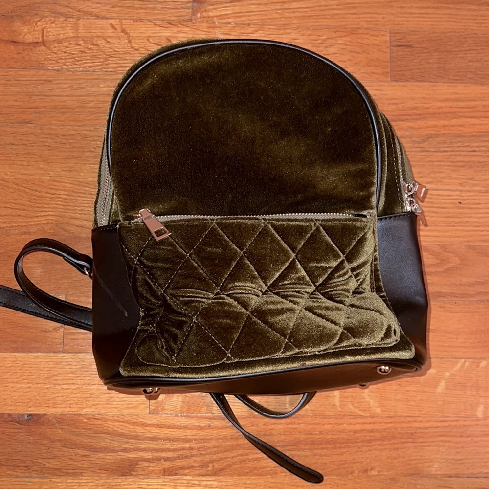 Green Velvet & Black Faux Leather Backpack